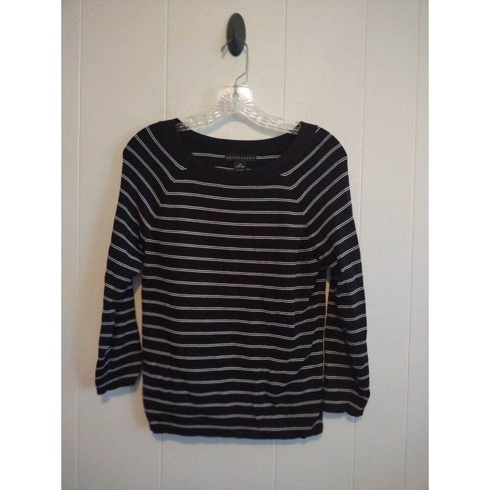 Apostrophe | Black & White Striped Thick Stretch 3/4 Sleeve Top Size Medium